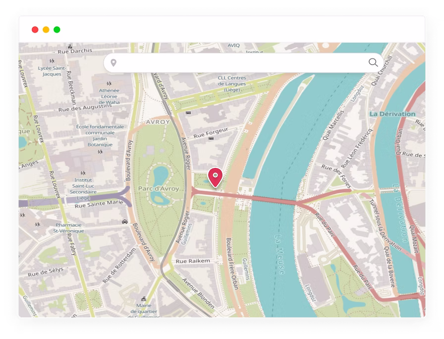 Screenshot of the PickItSmartly app: interactive map of Liège with an address search bar and a marker on a property