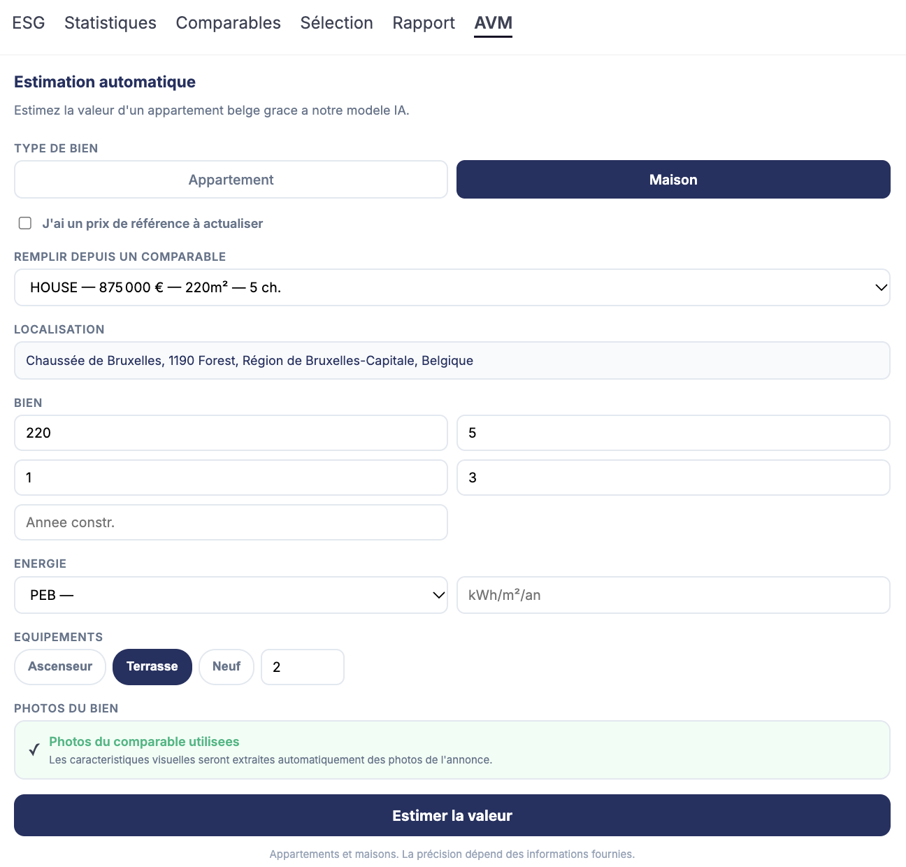 Screenshot of the PickItSmartly interface: automatic valuation of the property