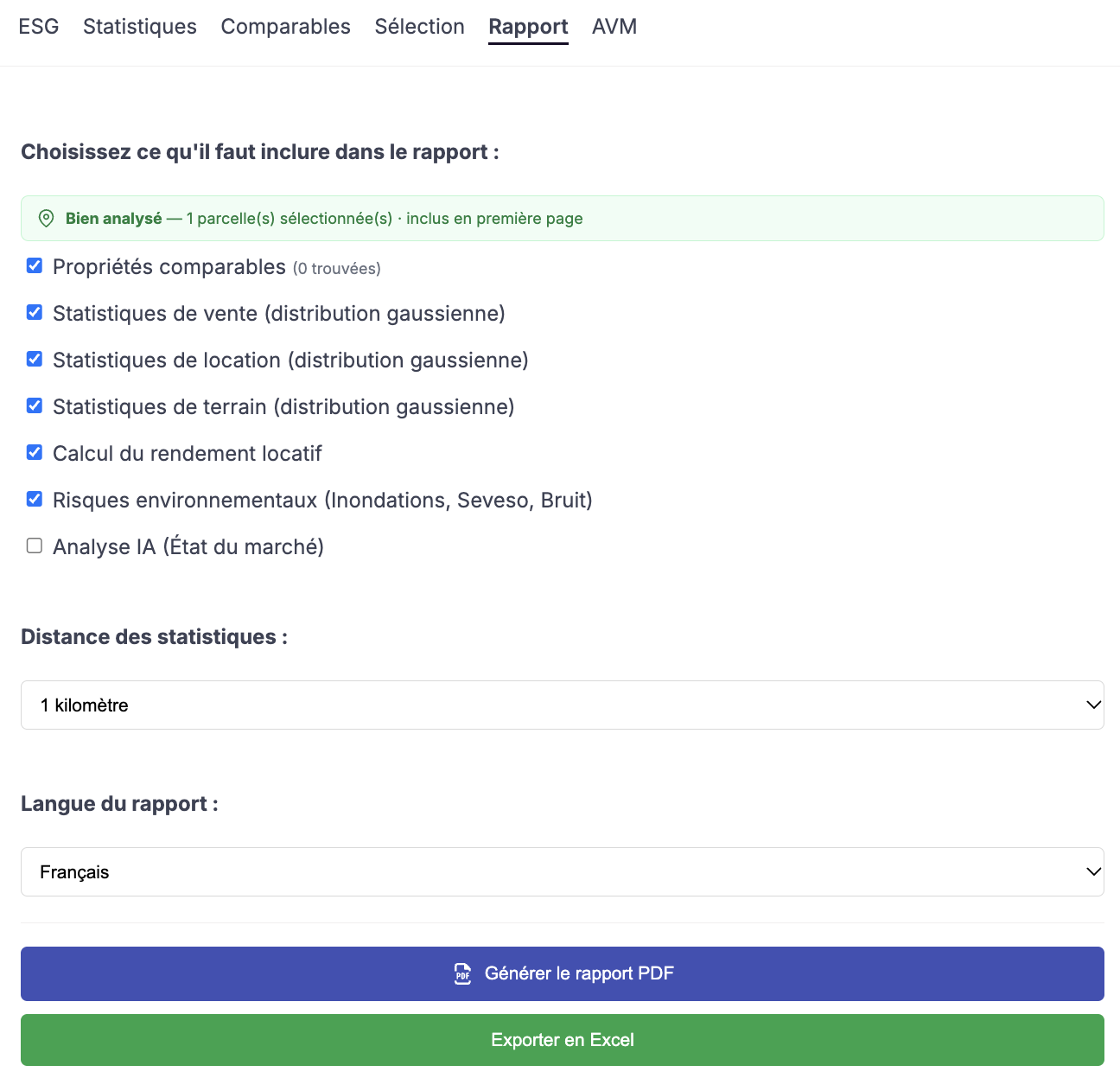 Screenshot of the PickItSmartly interface: choosing the elements to include in the report