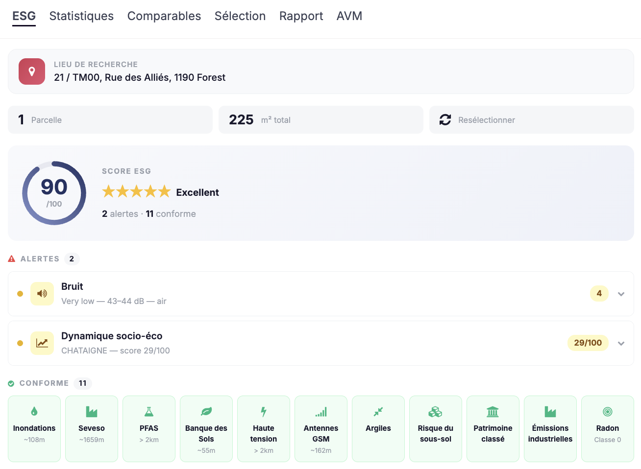 Screenshot of the PickItSmartly interface: ESG panel with score, alerts and compliant checks
